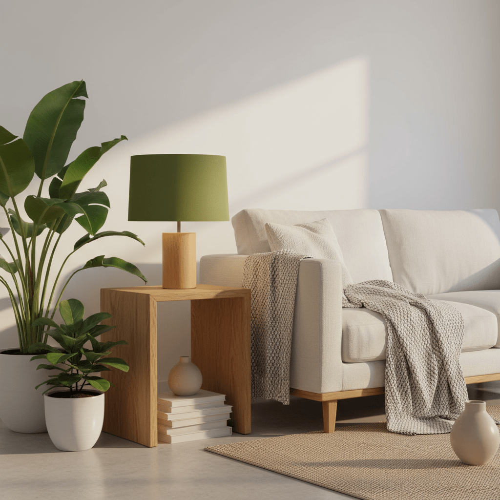 Modern living room with a beige sofa, wooden side table, and potted plants.