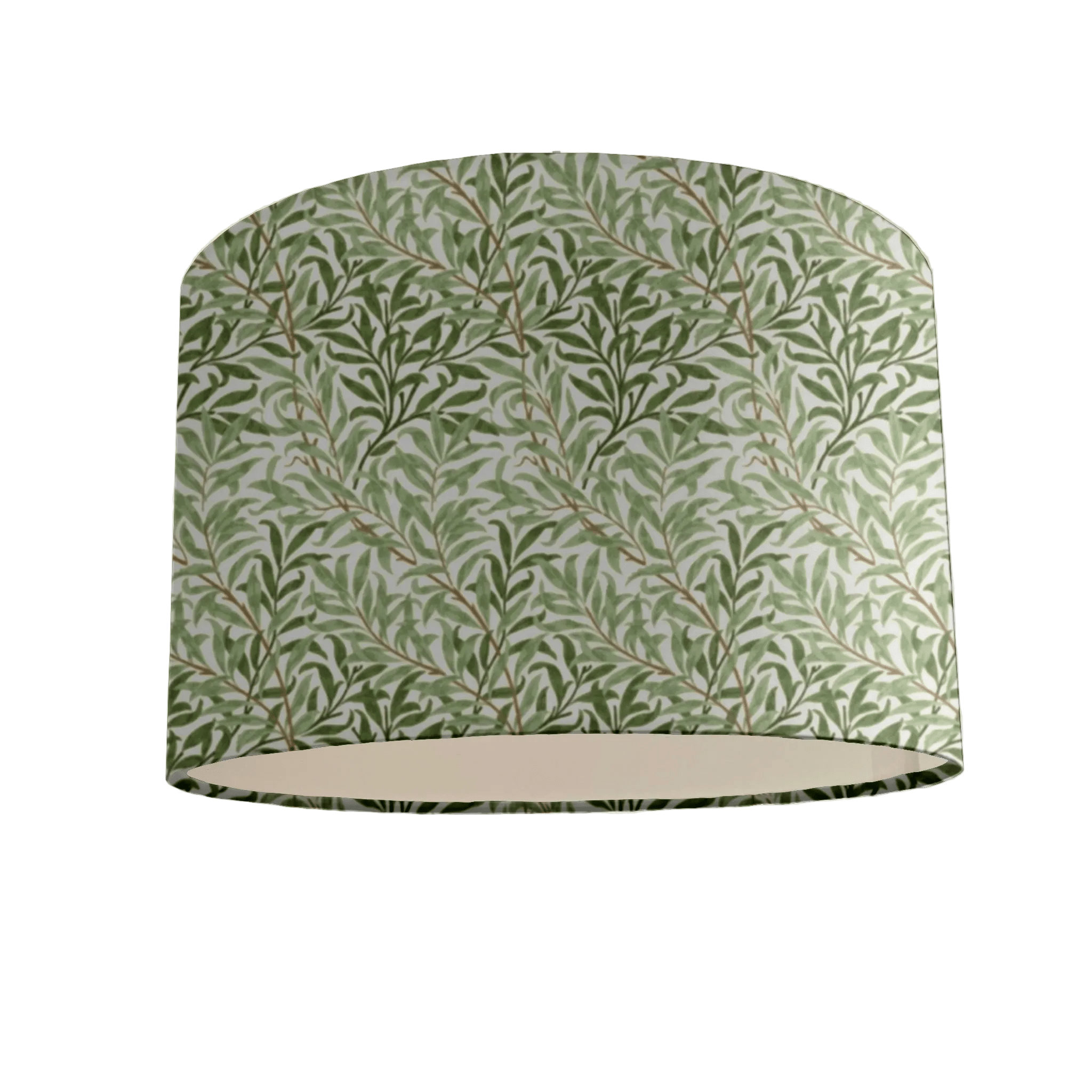 Lampshade with green leaf pattern on a white background