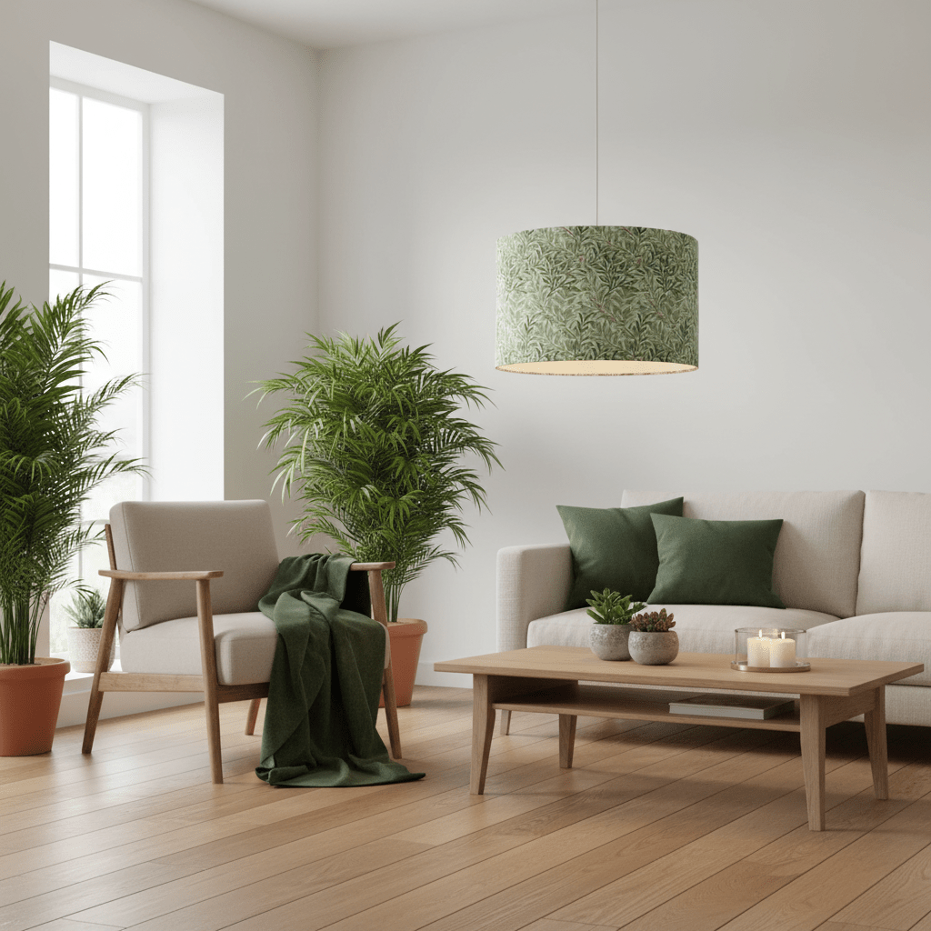 Modern living room with green decor elements and plants.