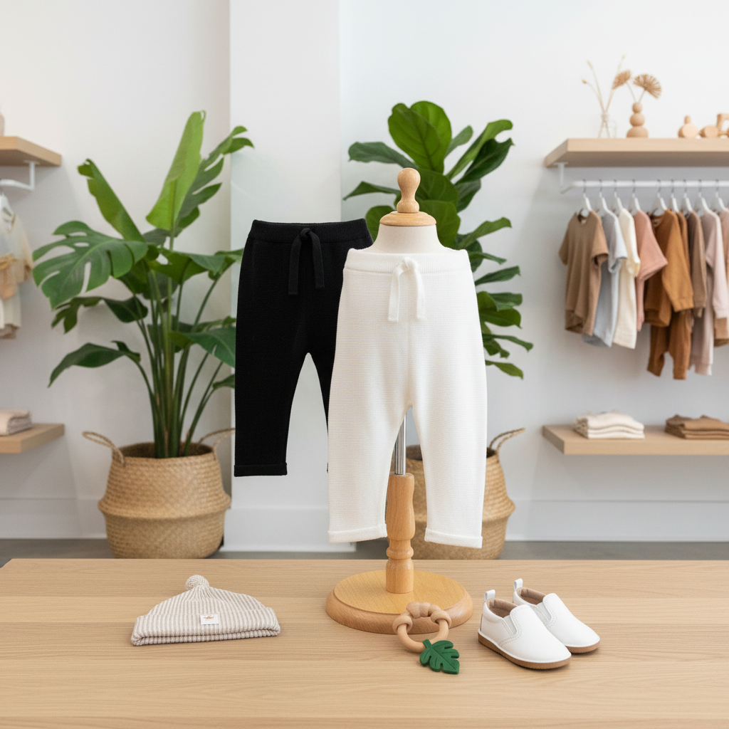 A styled children's clothing display on a wooden table in a bright boutique. A wooden mannequin torso wears white drawstring pants, with black drawstring pants hanging behind it.