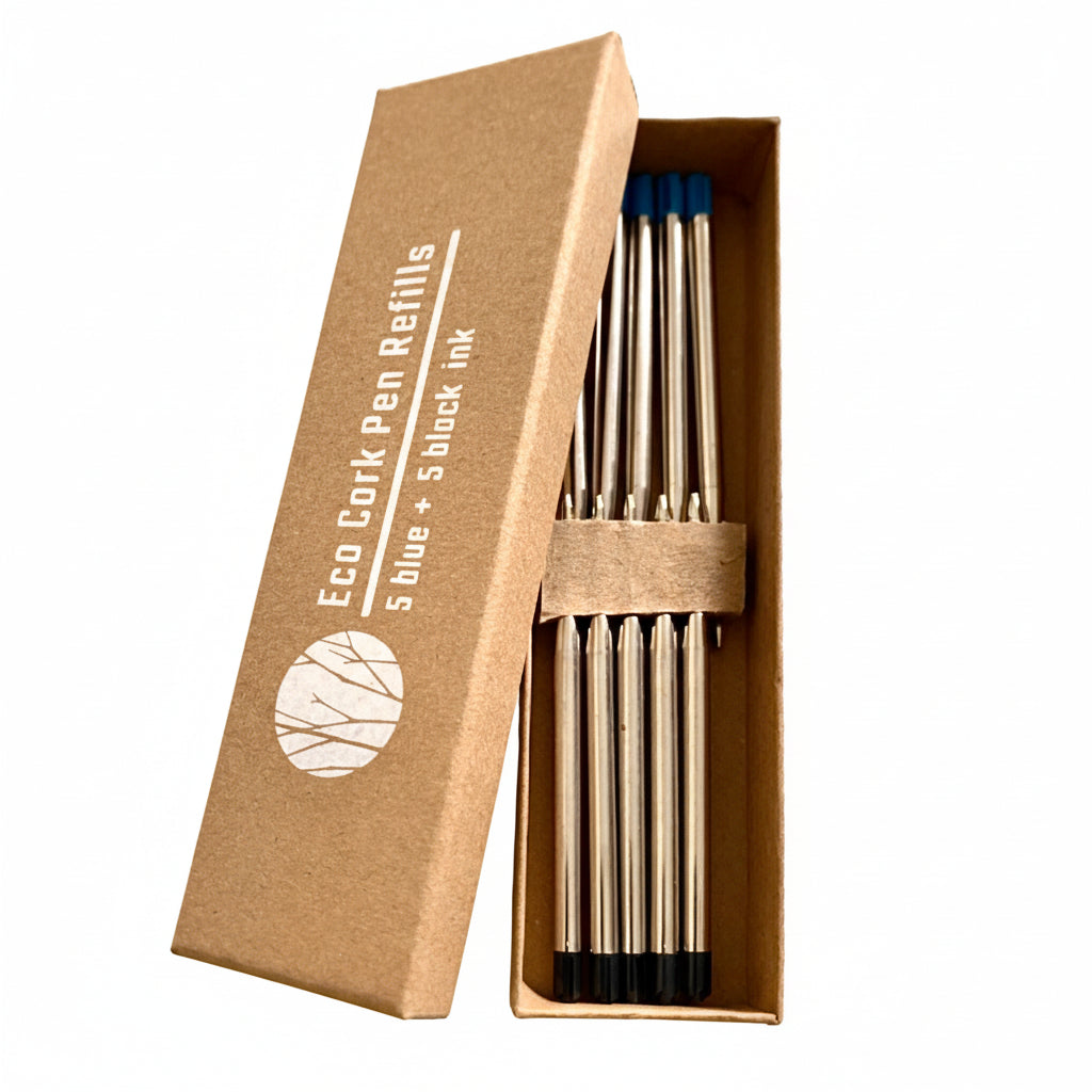 Eco cork pen refills in a cardboard box on a white background