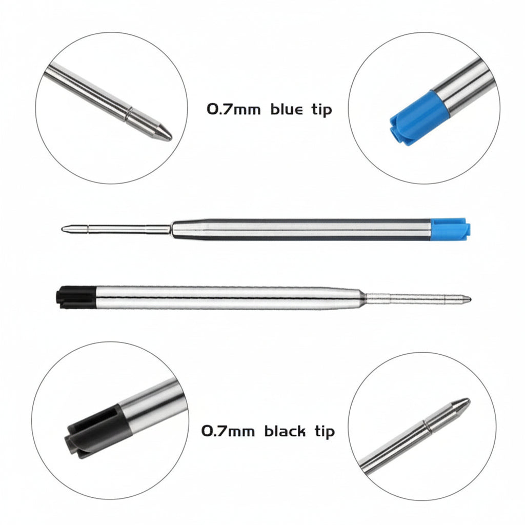 Two pen refills with blue and black tips on a white background