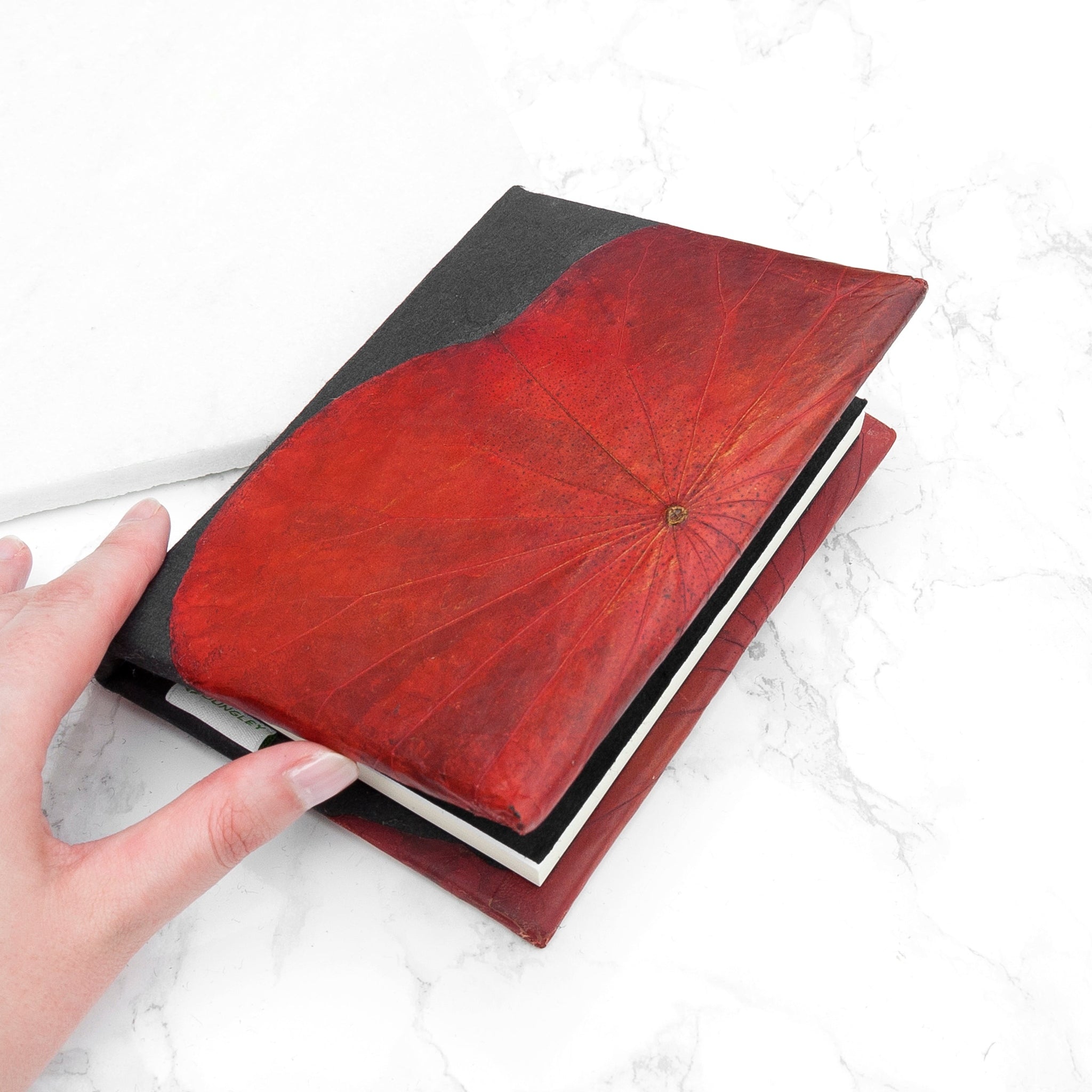 Hand holding a red and black notebook on a light surface