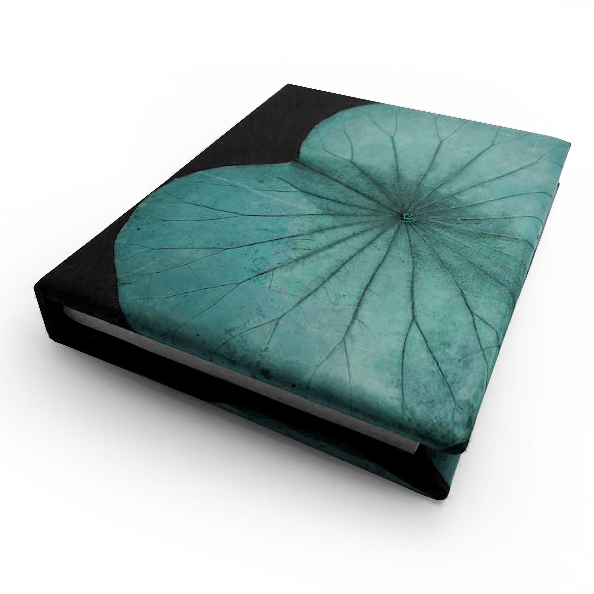 Book with a teal leaf design on a white background