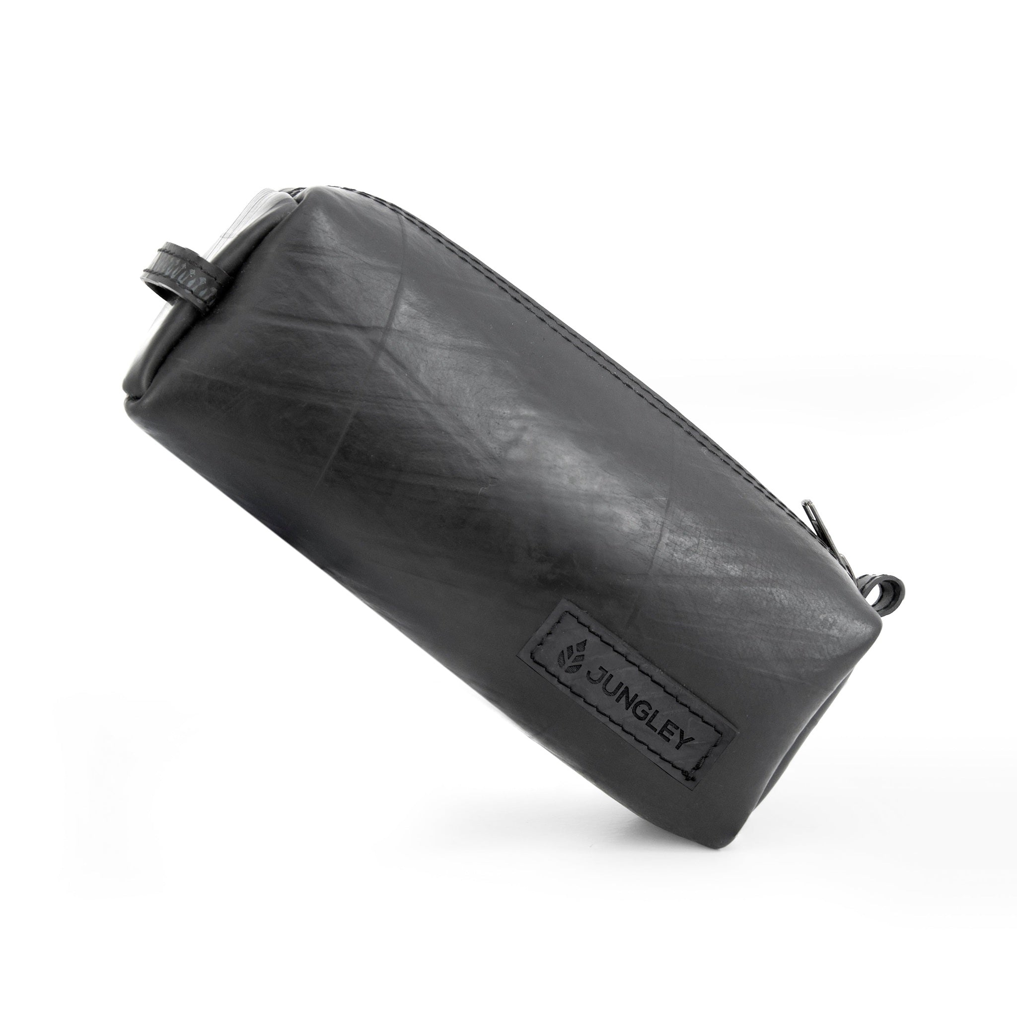 Black recycled rubber pencil case with 'Junglely' branding on a white background