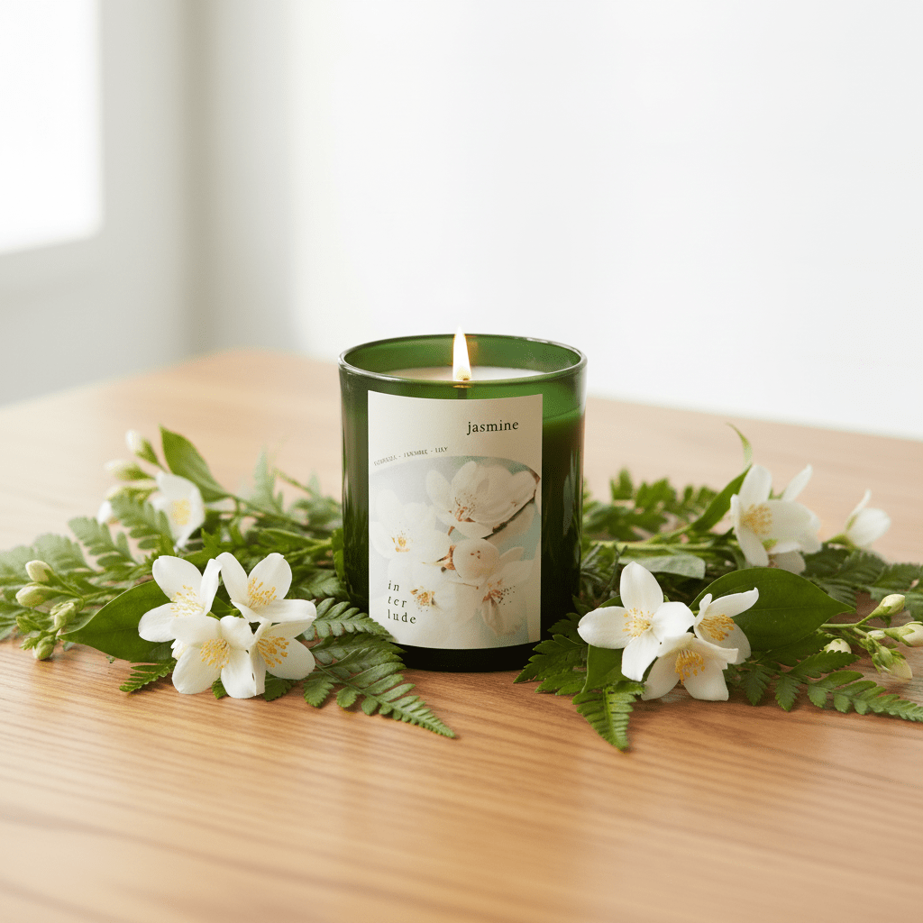 Candle with jasmine design on a wooden surface surrounded by flowers