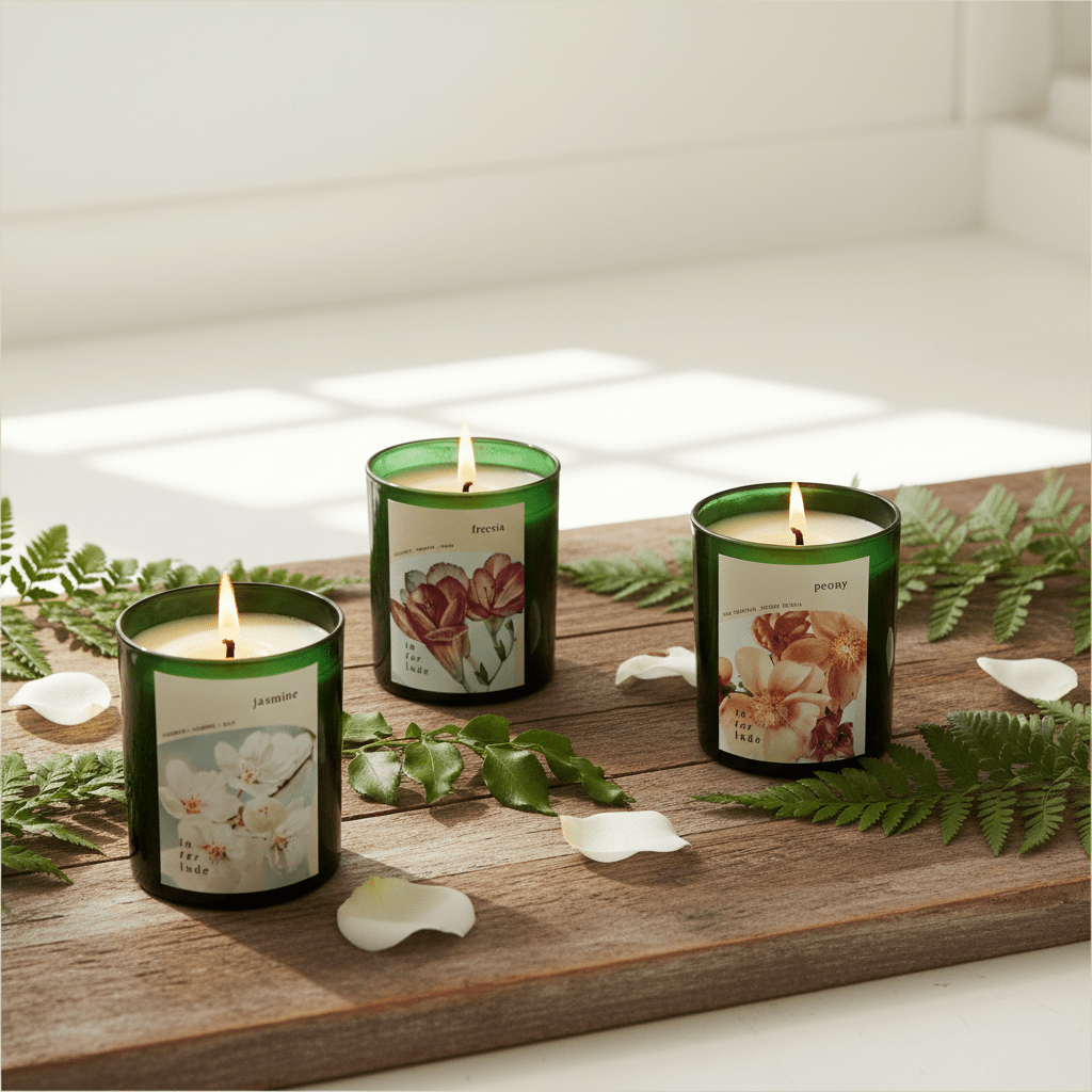 Three candles with floral labels on a wooden surface with greenery