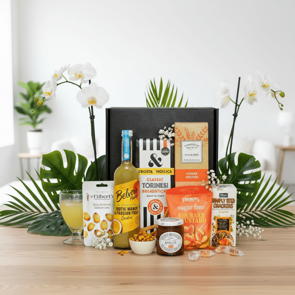 Assorted products including a bottle, snacks, and a box on a wooden table with plants in the background.