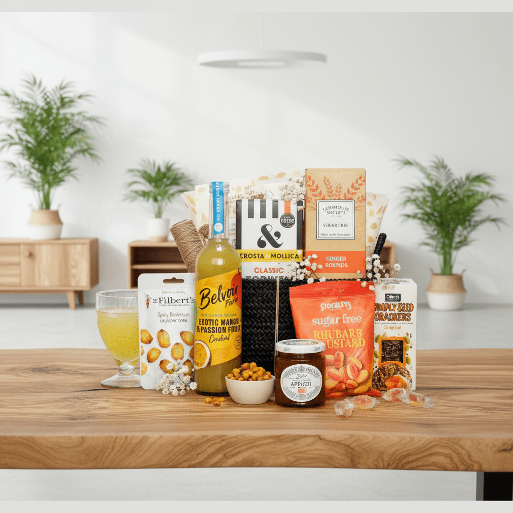 Assorted groceries including a bottle of Belvita, a jar of honey, and a box of tea on a wooden table with a white background.