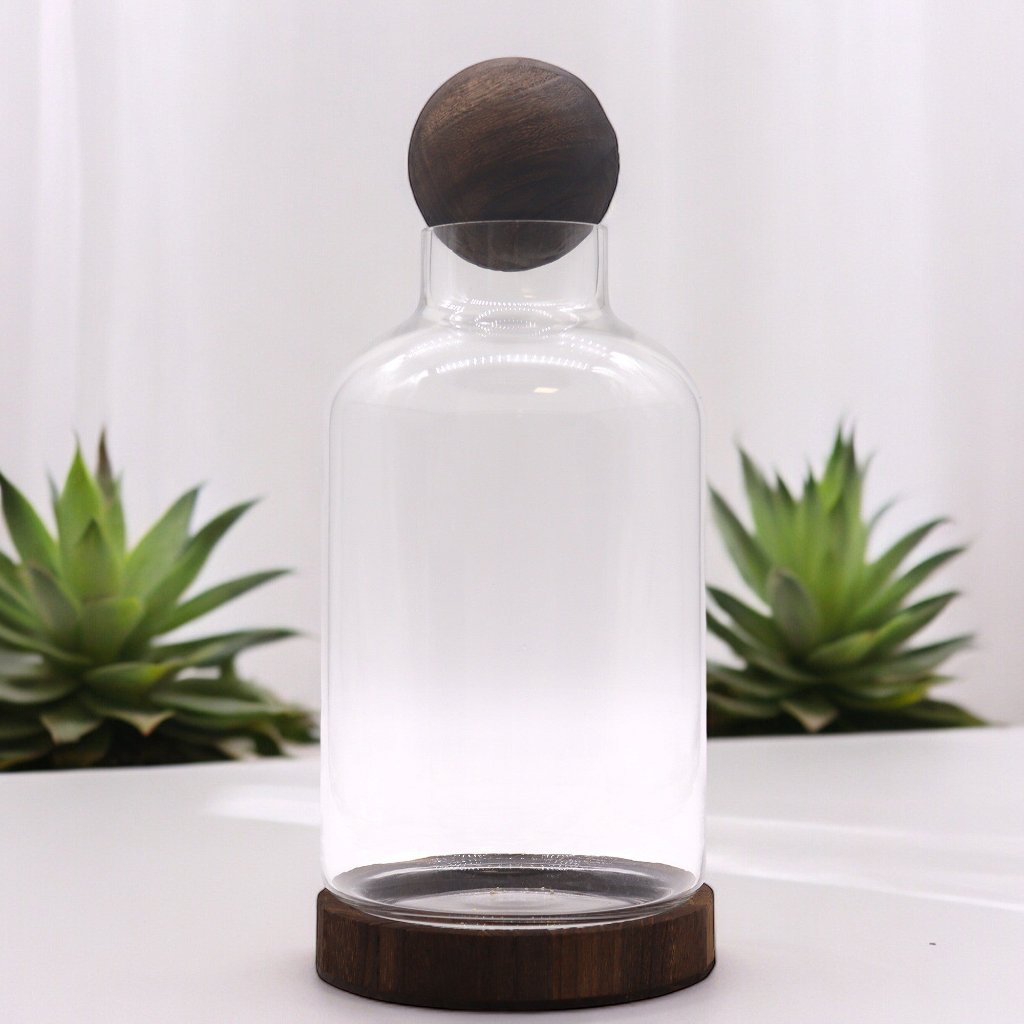 Glass Terrariums on Dark Tung Wood Ball Top