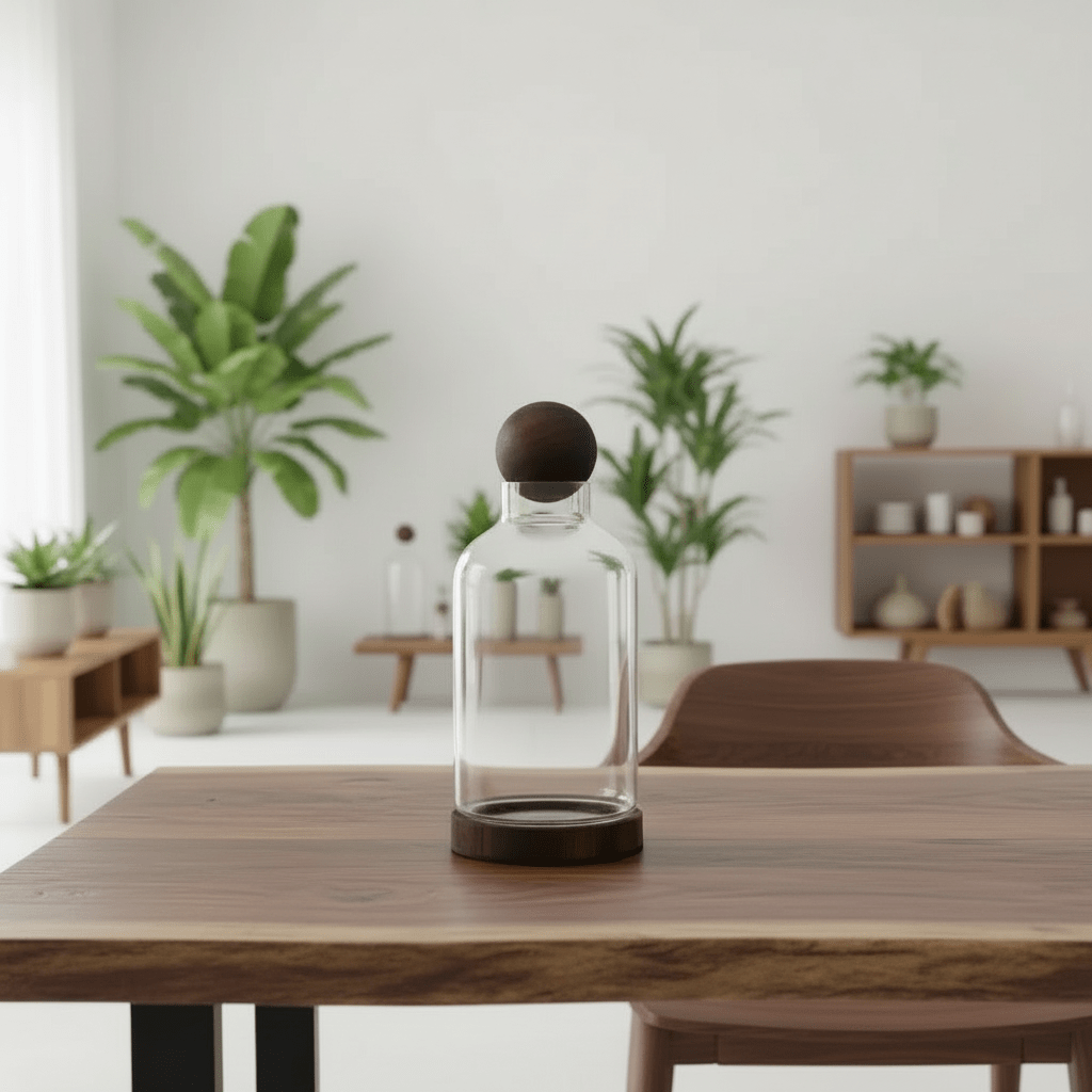 Clear glass terranium bottle with black cap on a wooden table in a modern room with plants and shelves.