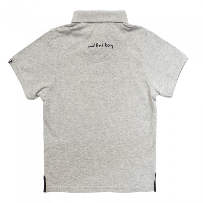 Grey polo shirt with 'mullins bay' text on the back against a white background