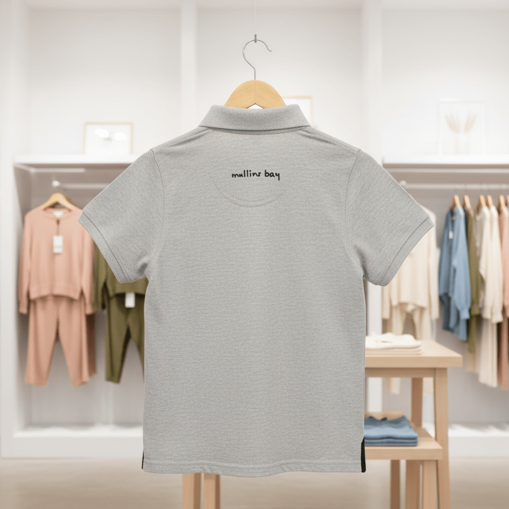 Grey polo shirt on a hanger with 'mullins bay' branding in a clothing store setting.