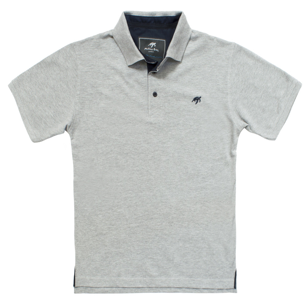 Grey polo shirt with a small logo on a white background