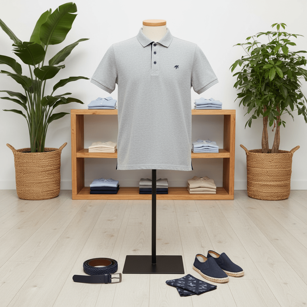 Mannequin wearing a grey polo shirt with folded clothes and plants in the background
