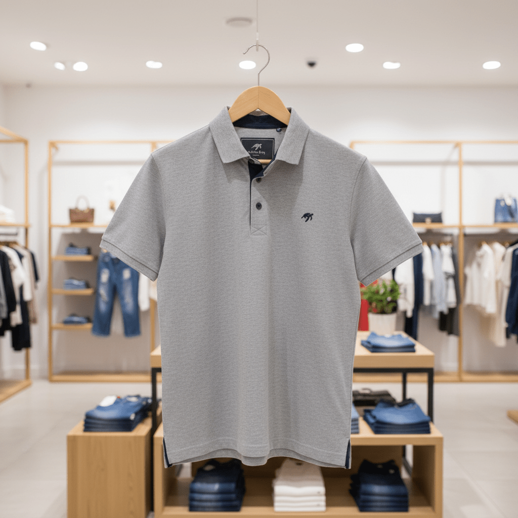 Grey polo shirt on a hanger in a store setting