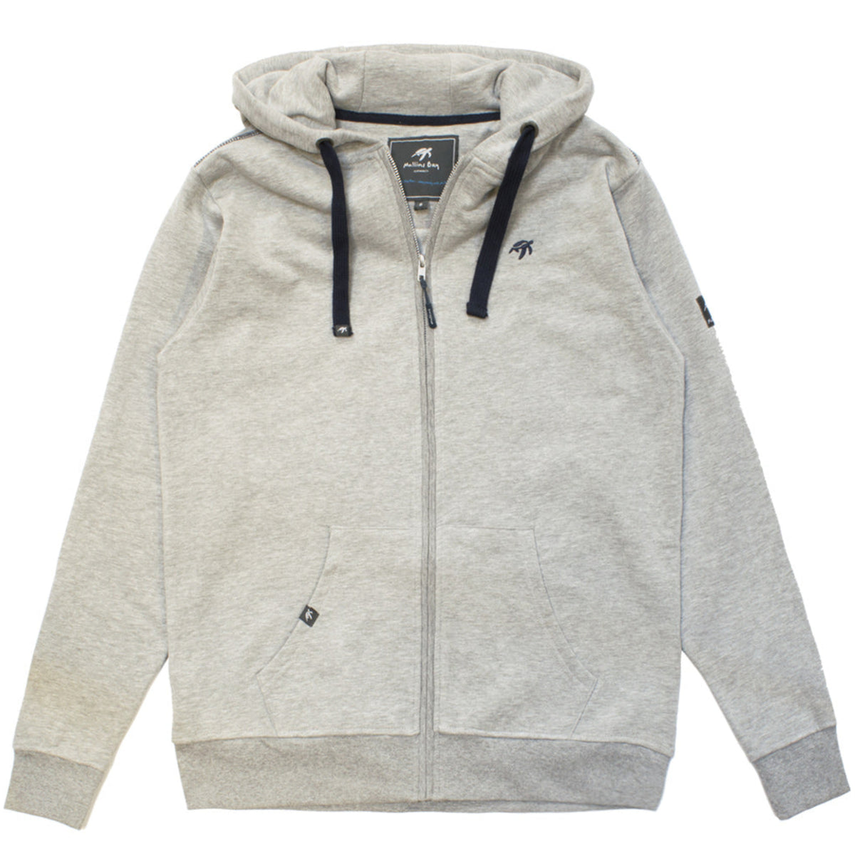 Grey hoodie with black drawstrings on a white background