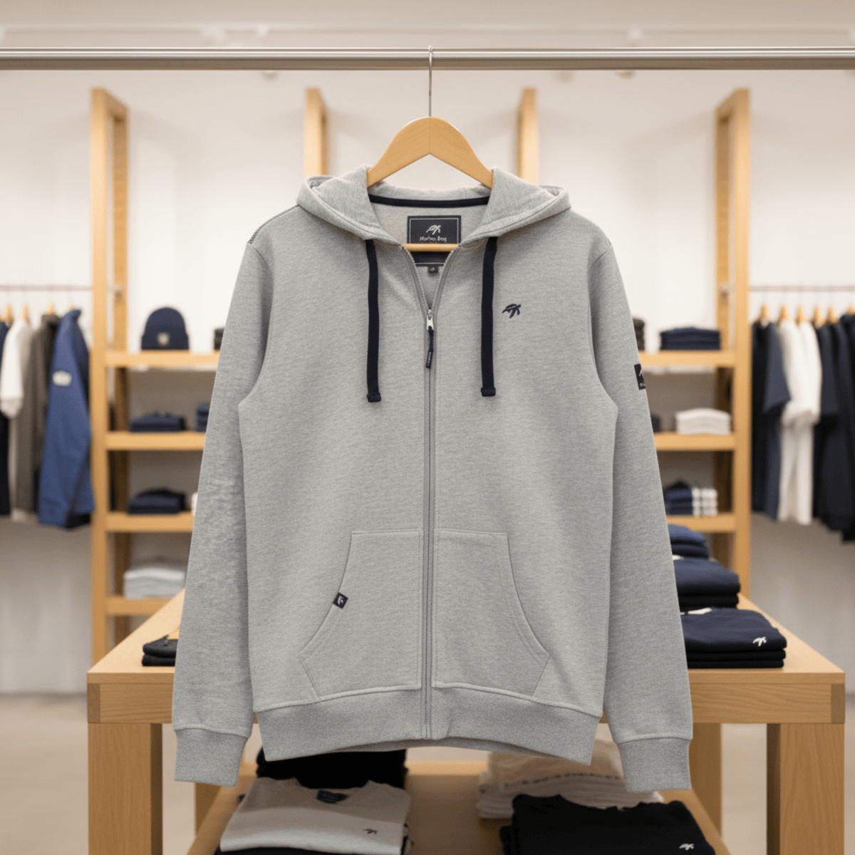 Grey hoodie on a hanger in a store setting