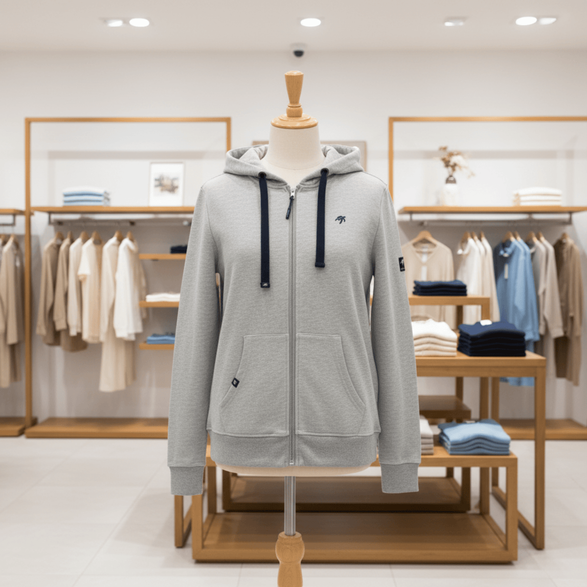 Grey hoodie on a mannequin in a store setting with clothing racks in the background