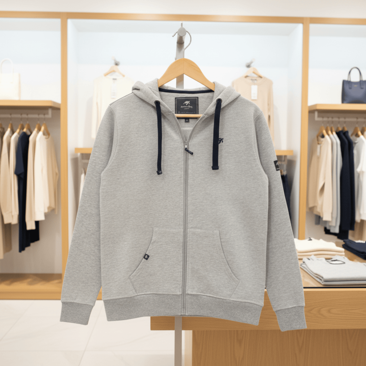 Grey hoodie on a hanger in a clothing store setting
