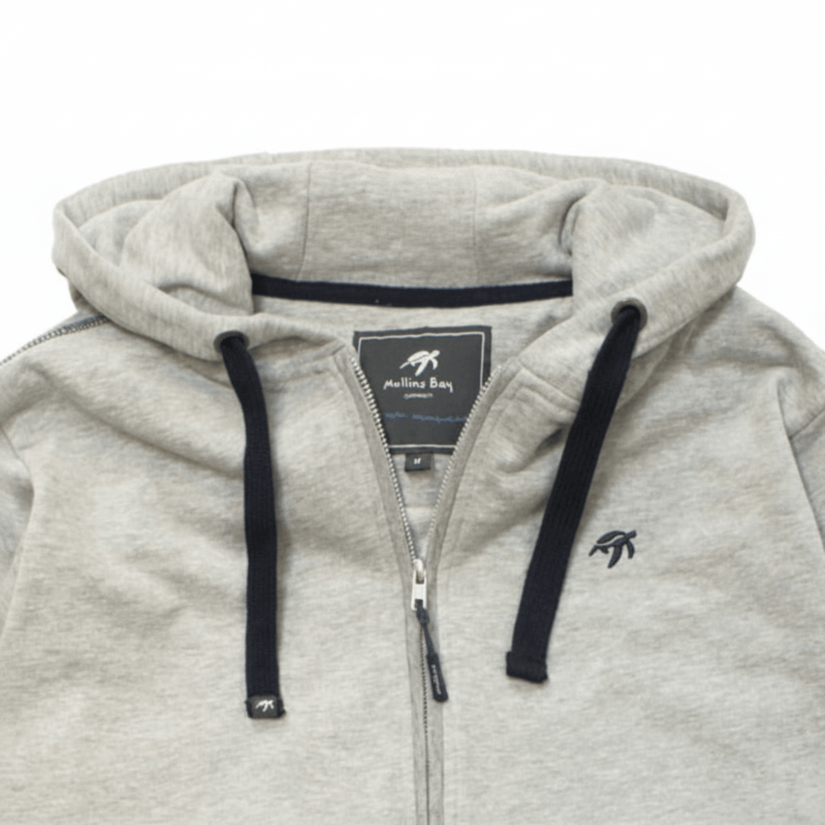 Grey hoodie with black drawstrings and a zipper on a white background