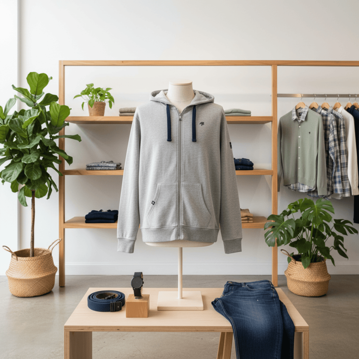 Grey hoodie on a mannequin in a store setting with shelves and plants.