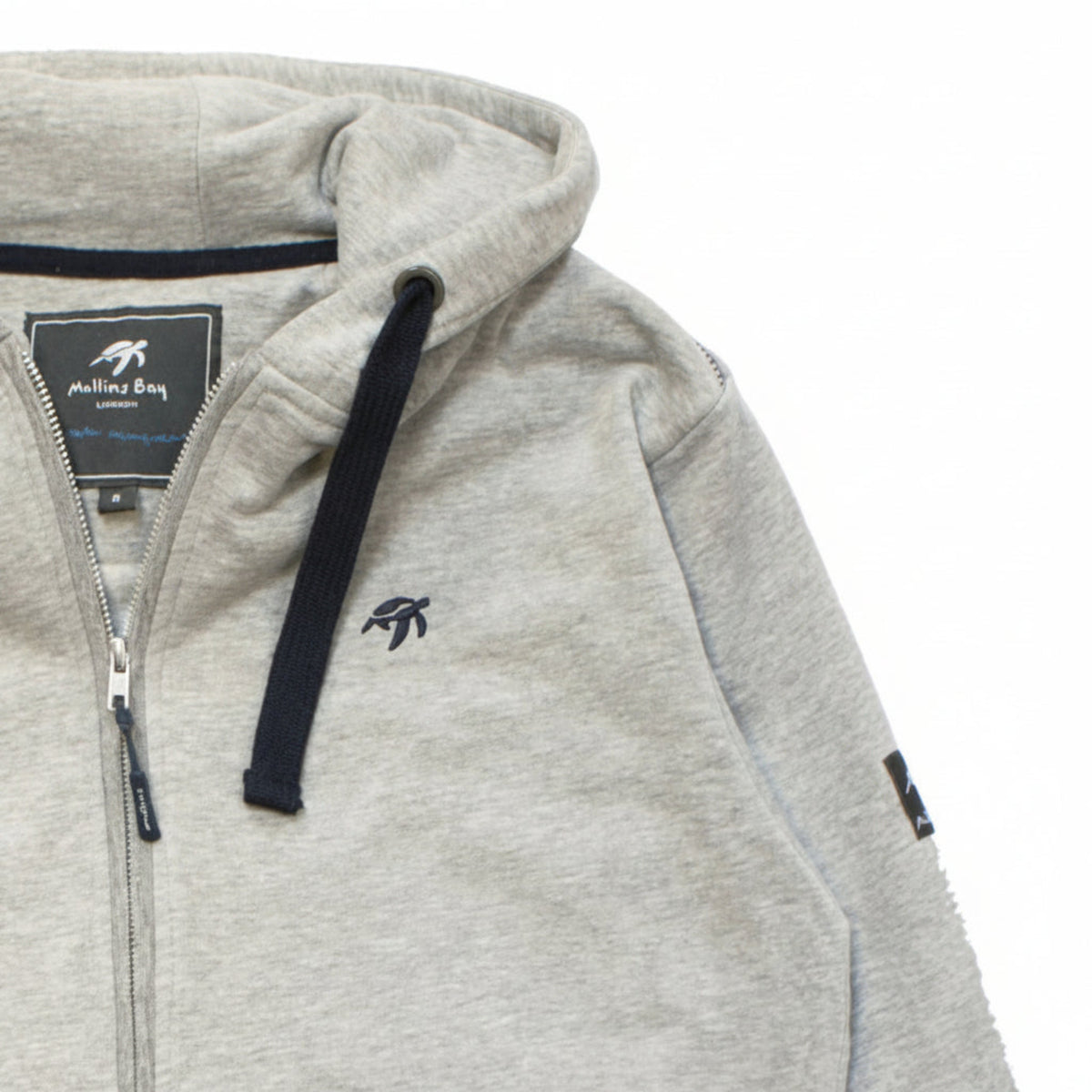 Grey hoodie with black drawstring and zipper, featuring a brand label on a white background.