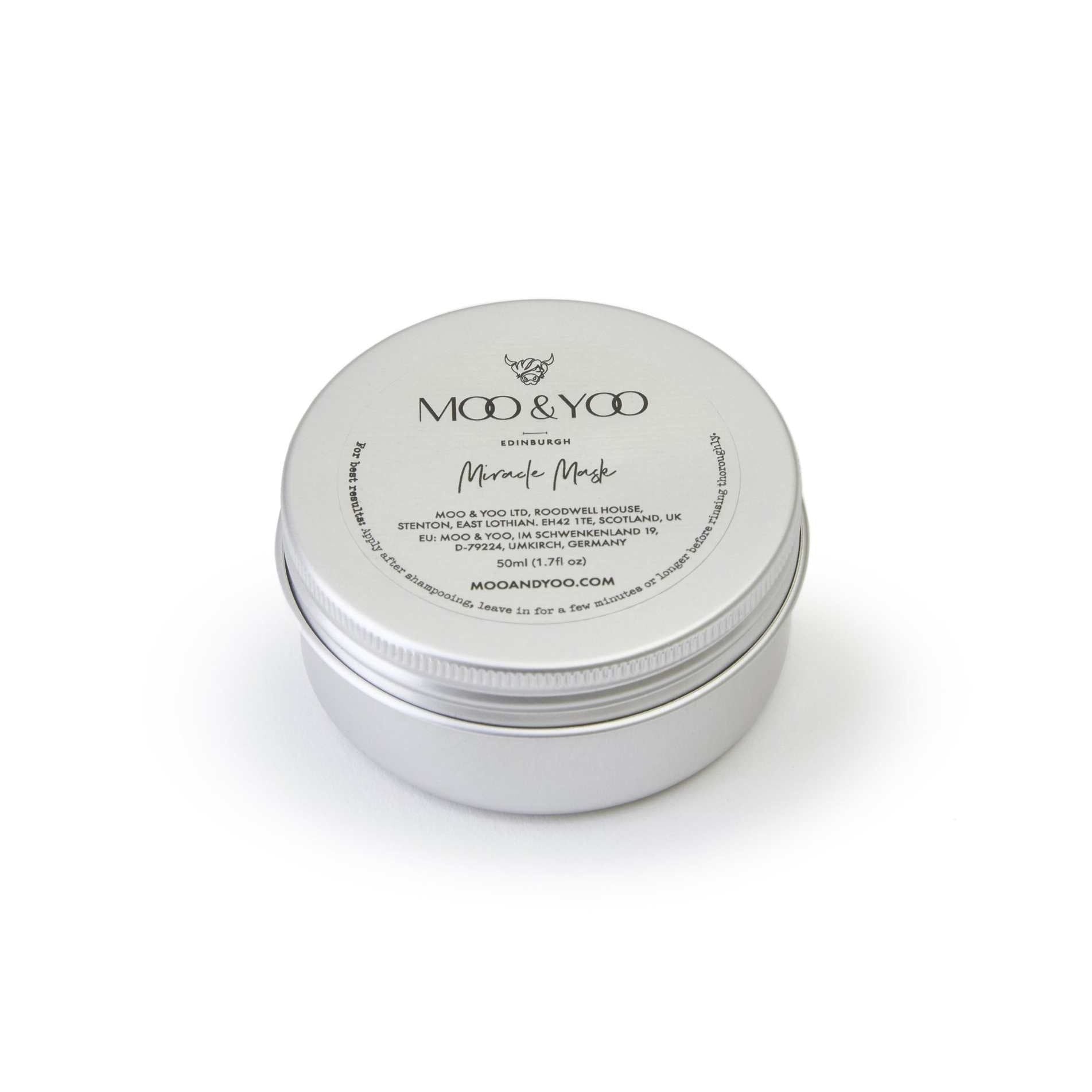 Silver container with 'Moo & Yoo' branding on a white background
