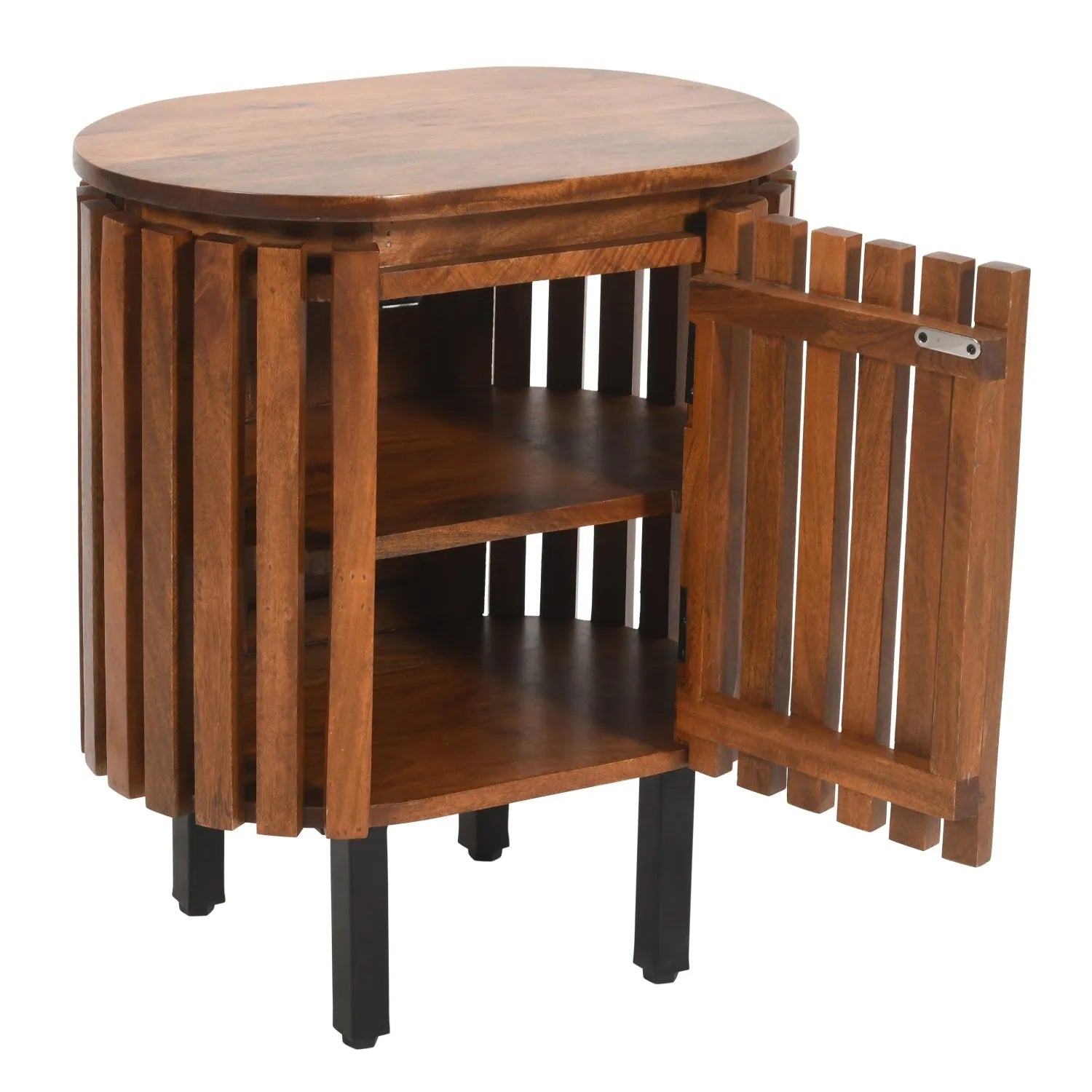 Verty Furniture Compton Mango Wood Recycled Bedside Table with open door revealing 2 shelves.