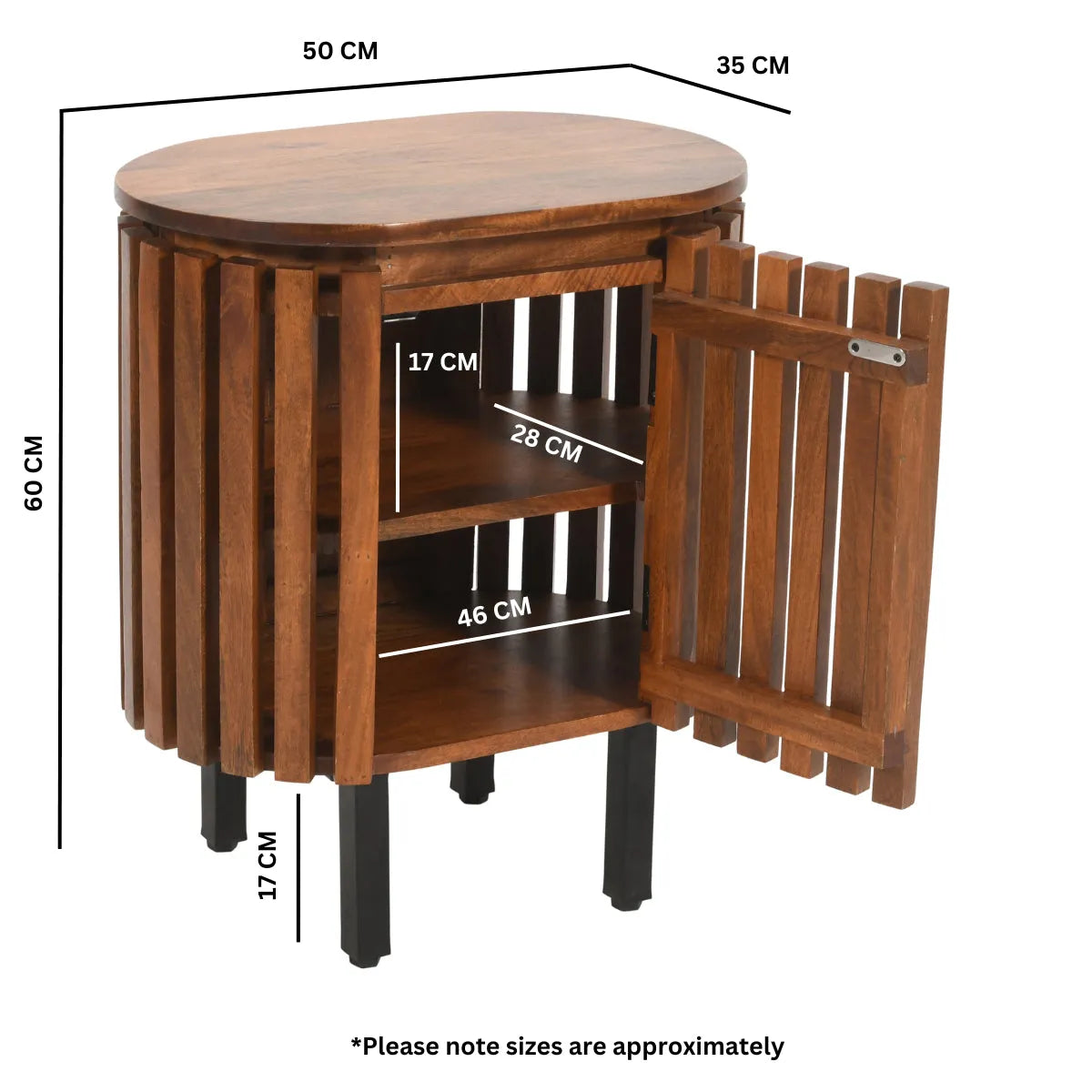 Verty Furniture Compton Mango Wood Bedside Table with measurements.