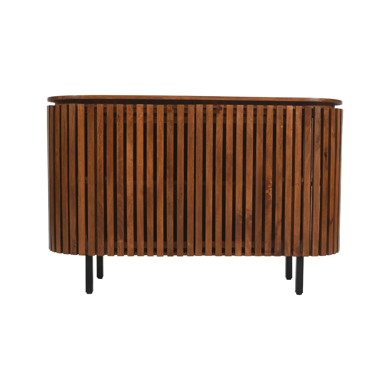 Recycled Wooden sideboard with slatted design on a white background