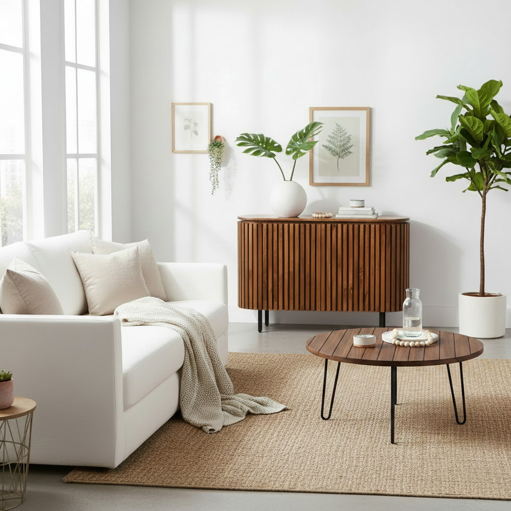 A bright, modern living room with a white sofa, beige pillows, a cream throw blanket, a round coffee table, a wooden sideboard, and several potted plants against a white wall.