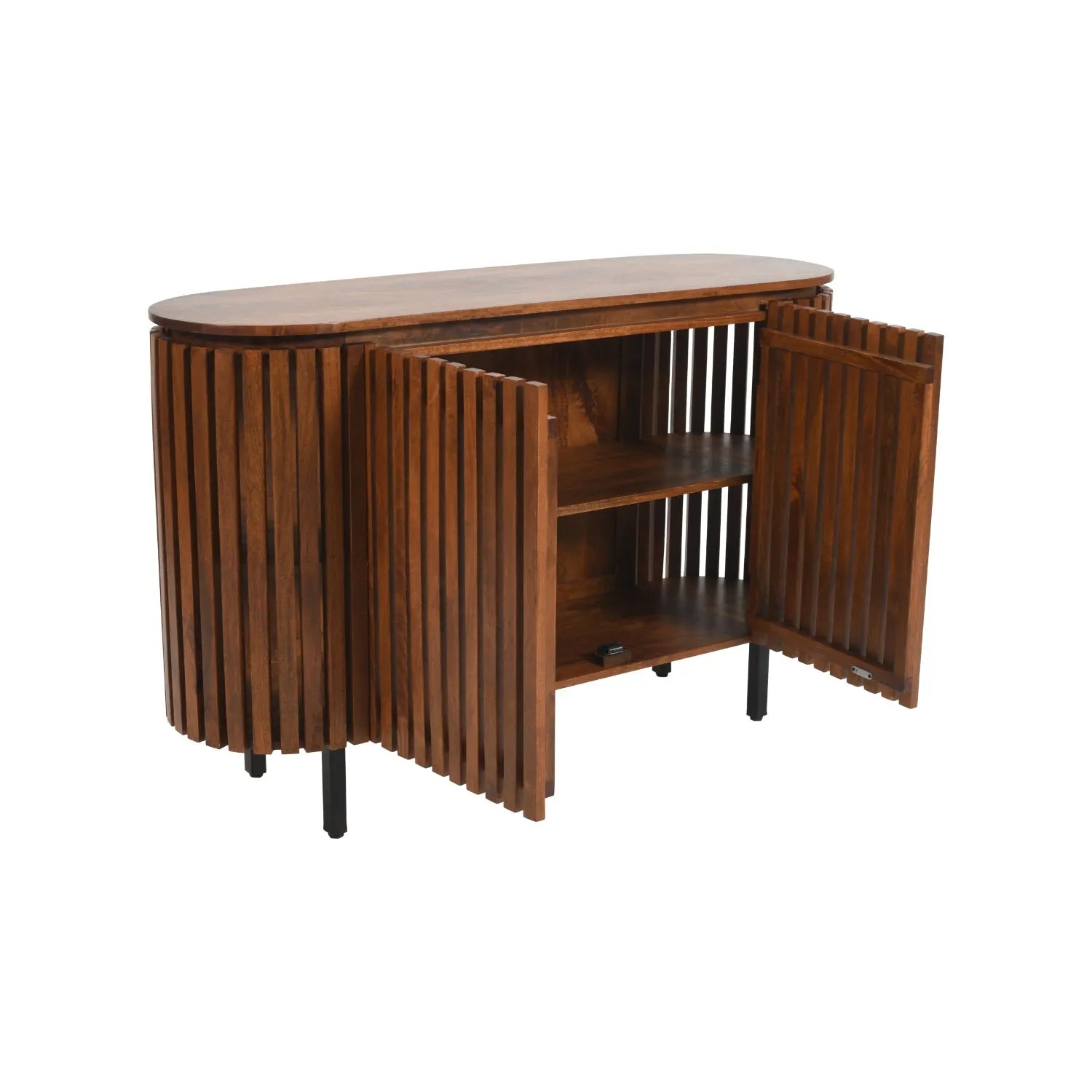 Recycled Mango Wood sideboard with open doors on a white background