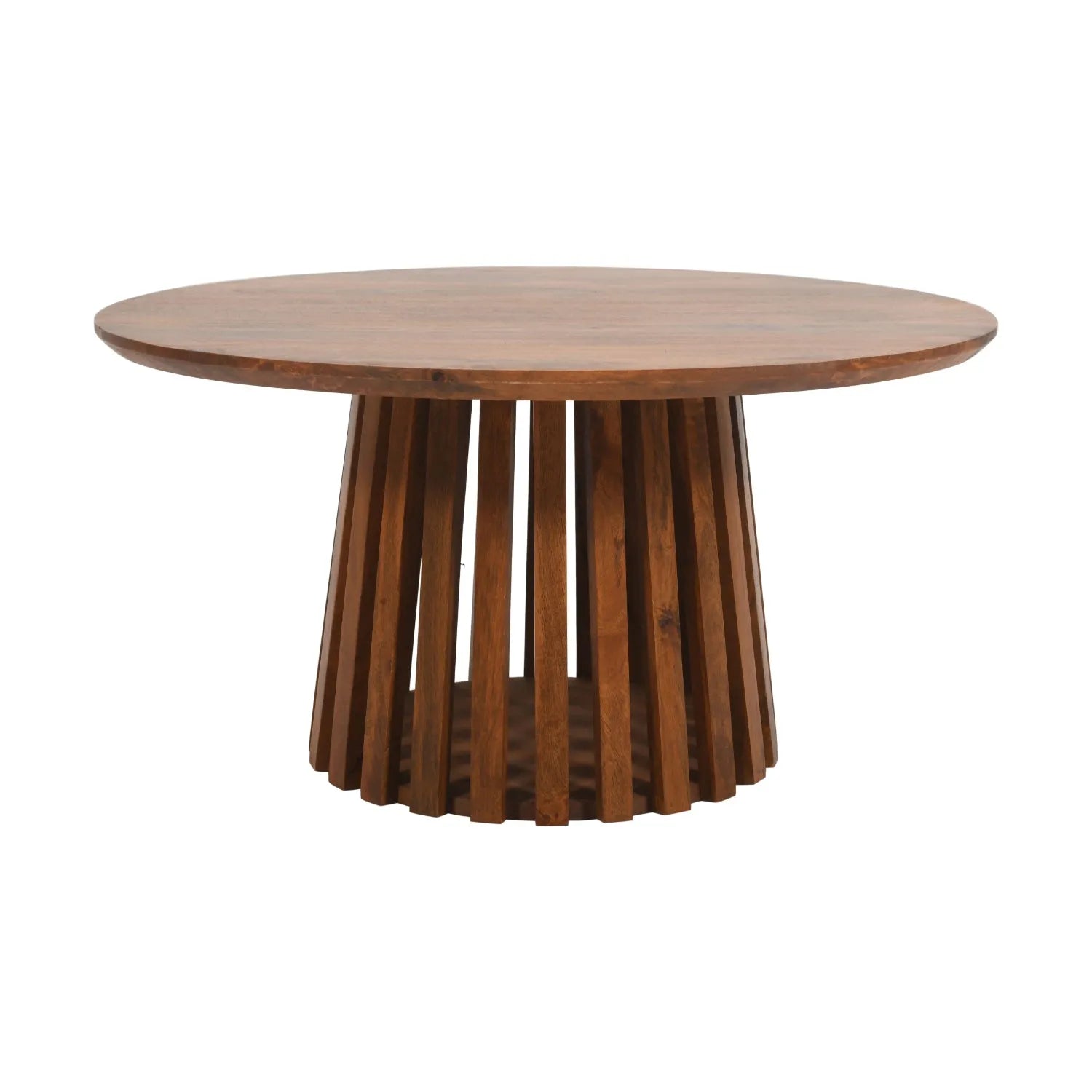 Wooden round table with unique base design on a white background