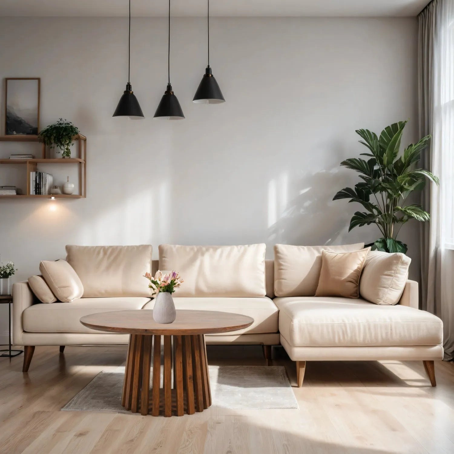 Modern living room with a beige sectional sofa, wooden coffee table, and decorative elements.