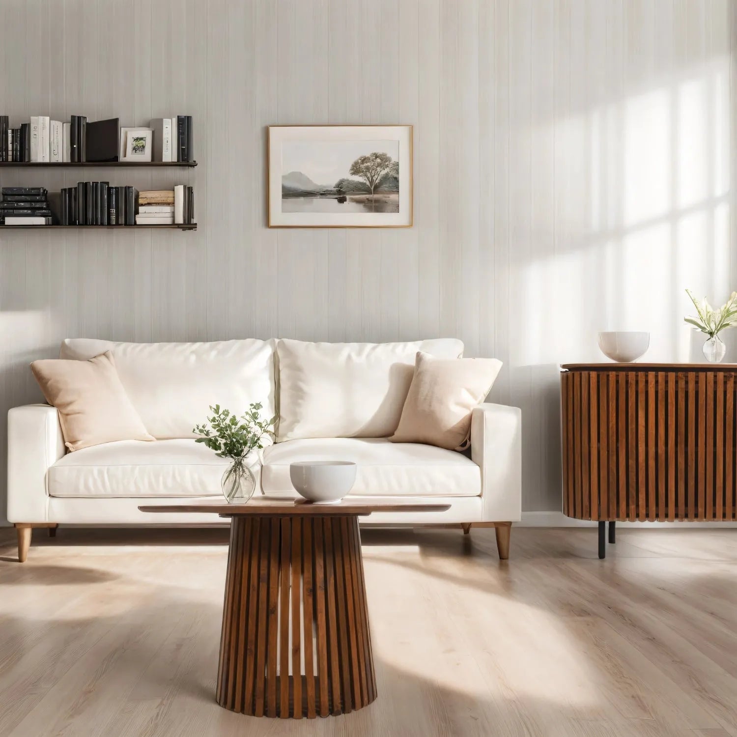 Modern living room with a white sofa, wooden coffee table, and sideboard.