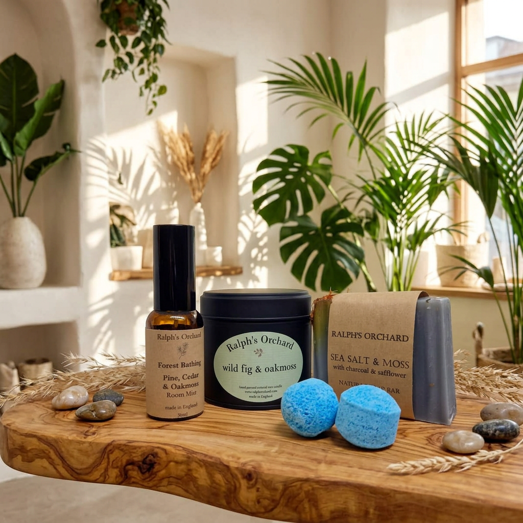 Ralph’s Orchard Woodland Escape products on a wooden board with pebbles and houseplants in a sunlit room