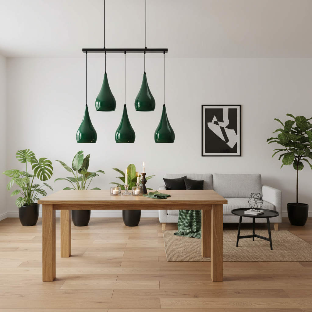A modern dining room scene featuring a light oak wooden dining table as the main product, styled with a black geometric pendant light with five dark green teardrop shades hanging above it. The room has a minimalist aesthetic with a white sofa, potted plants, a black side table, and a framed black and white art print on the wall.