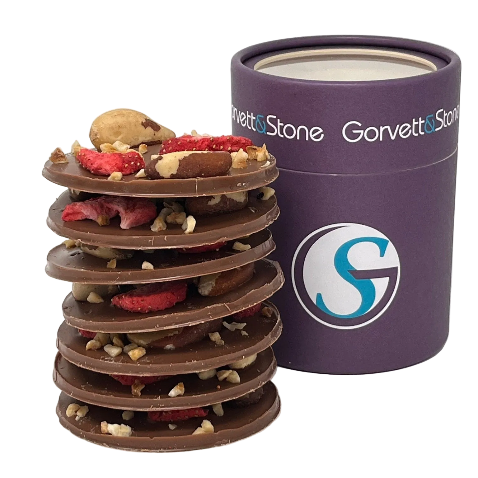 Stack of chocolate-covered treats with a purple Gorvet Stone branded container on a white background