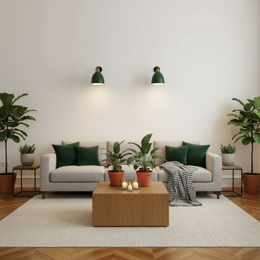 A modern living room setup featuring a light gray fabric sofa with dark green throw pillows, a wooden coffee table with candles, potted plants, and two green wall sconces on a white wall.