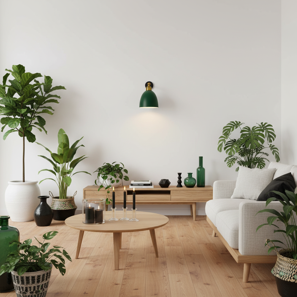 A modern, minimalist living room featuring a white sofa, a light wood coffee table, a wooden sideboard, and multiple green potted plants against a white wall with a green wall sconce.