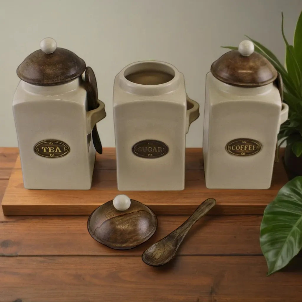 Large Tea, Coffee & Sugar Canisters With Spoons-2