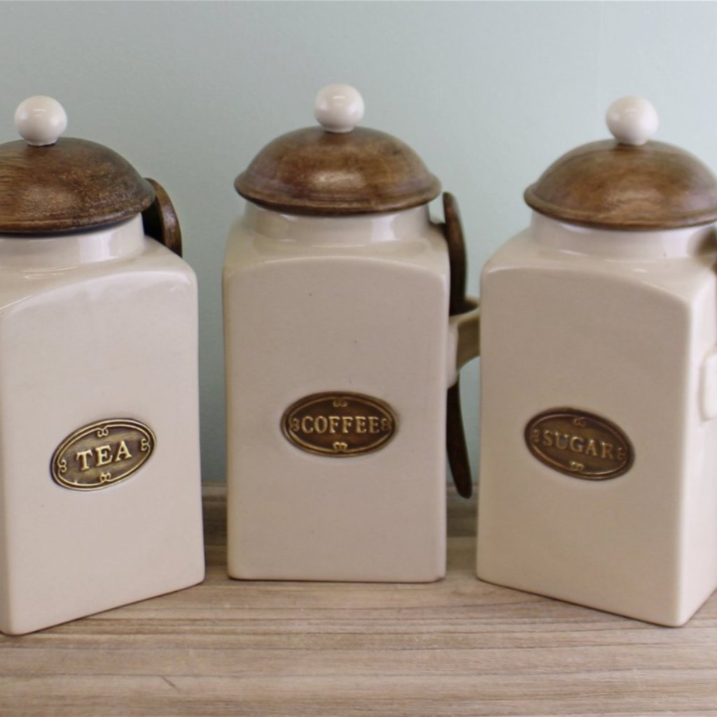 Large Tea, Coffee & Sugar Canisters With Spoons-1