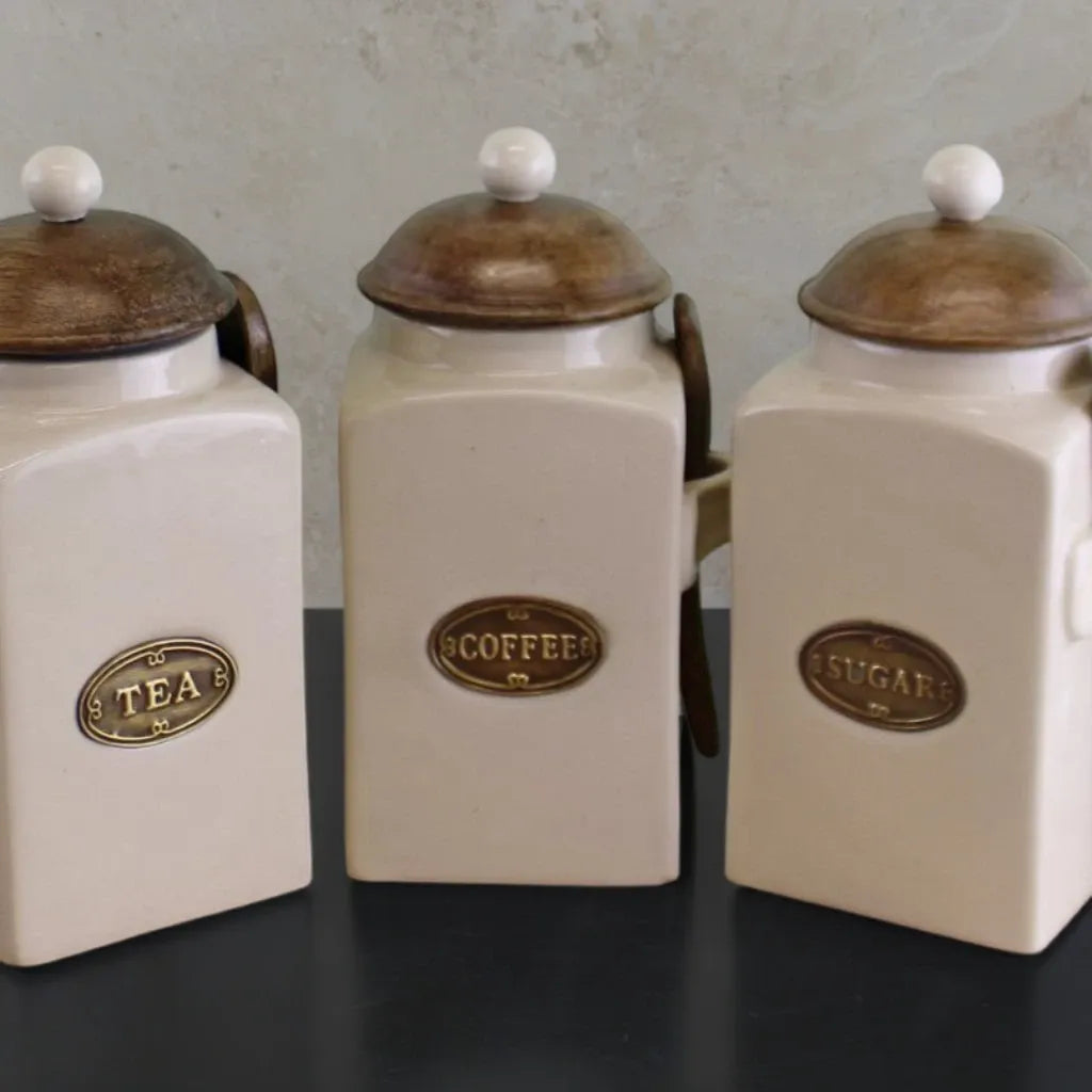 Large Tea, Coffee & Sugar Canisters With Spoons-1