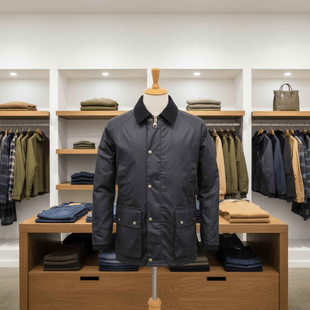 Dark jacket on a mannequin in a clothing store setting with shelves and racks of clothes.