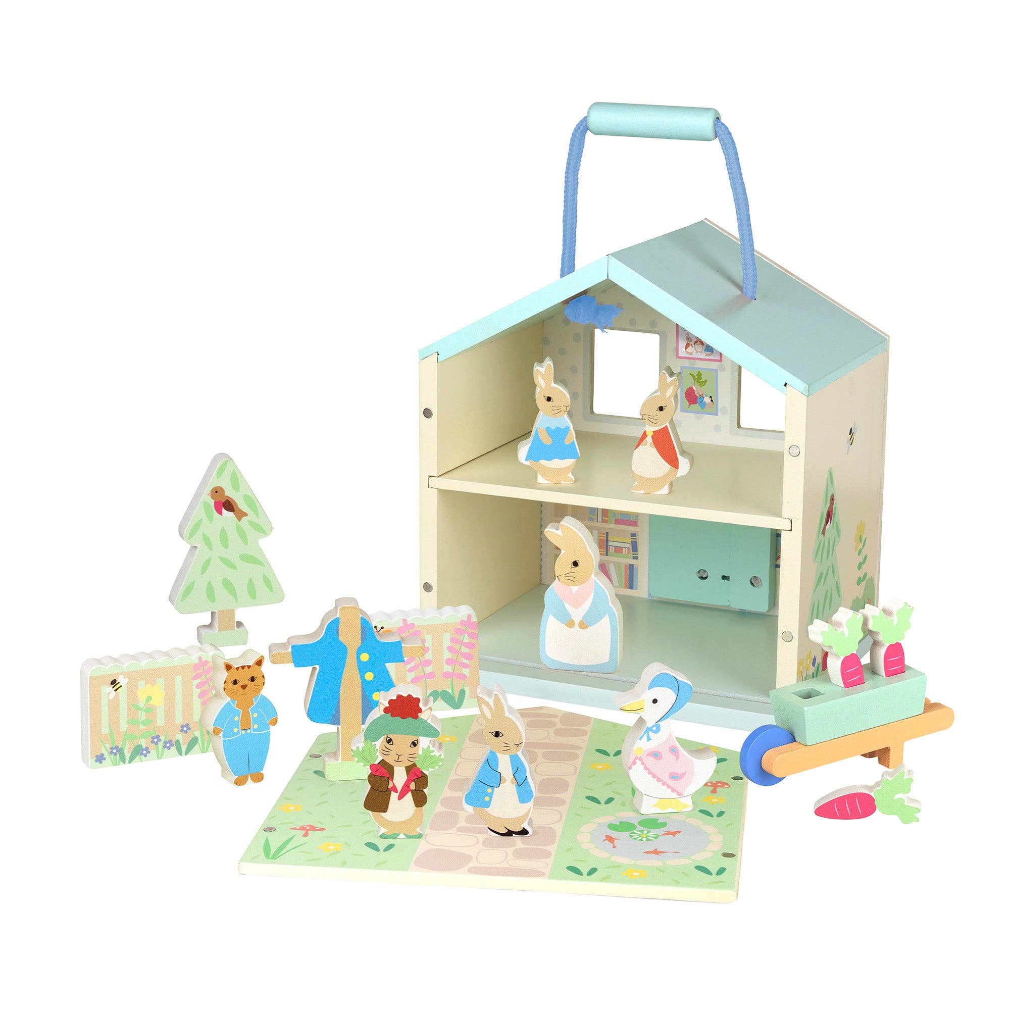 Wooden toy house with characters and accessories on a white background