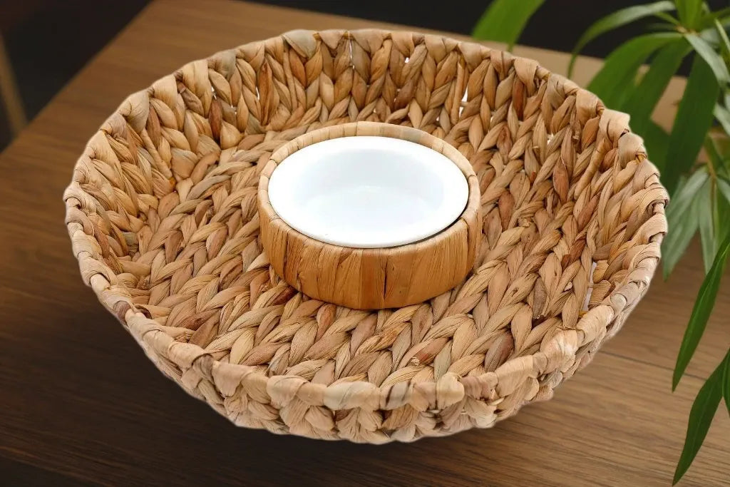 Circular Raffia Weaved Chip & Dip Tray 35cm-0