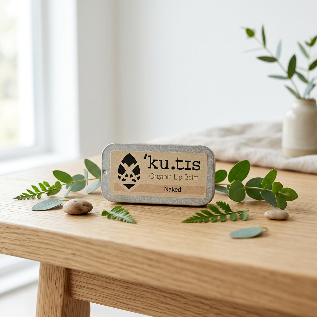 A silver metal tin of 'ku.tis Organic Lip Balm labeled 'Naked' sits on a light wooden table, styled with green leaves and small stones in a bright, softly lit room.