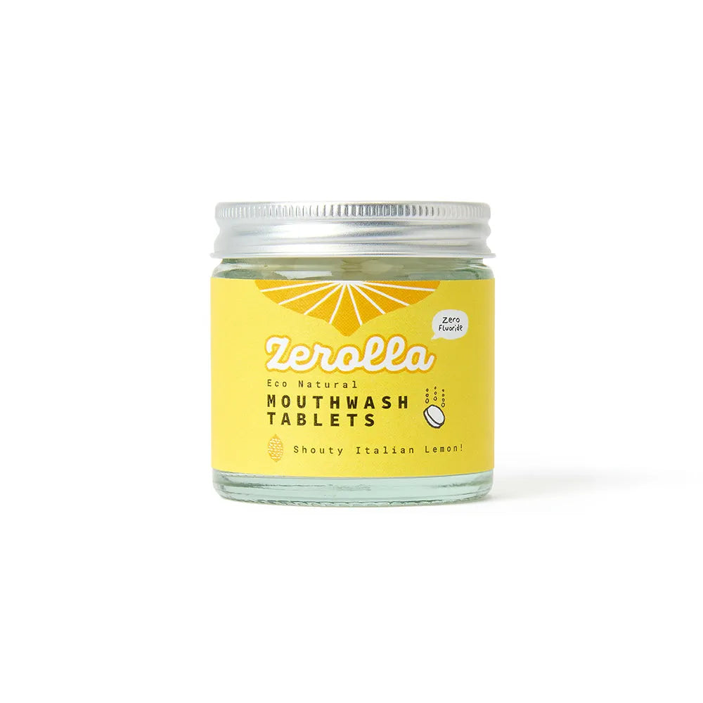 Jar of Zerolla mouthwash tablets with a yellow label on a white background