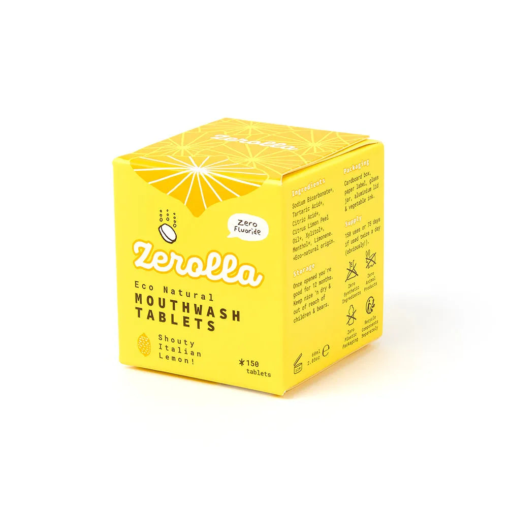 Yellow box of Zerolla eco natural mouthwash tablets on a white background